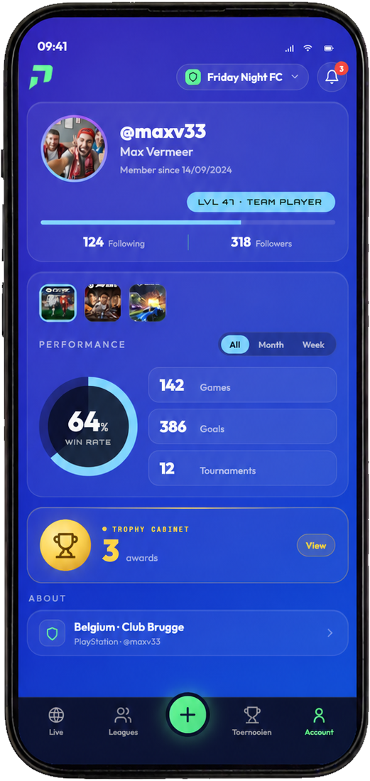 The PlayAsOne account screen on a phone