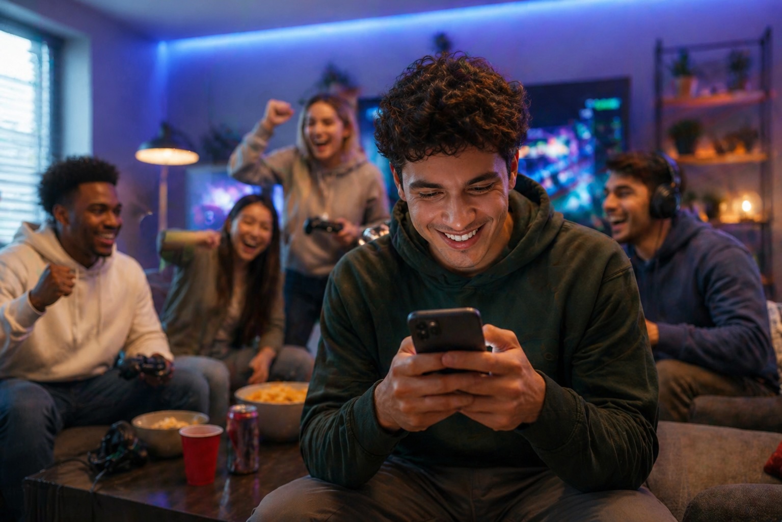 Friends gaming together on a couch