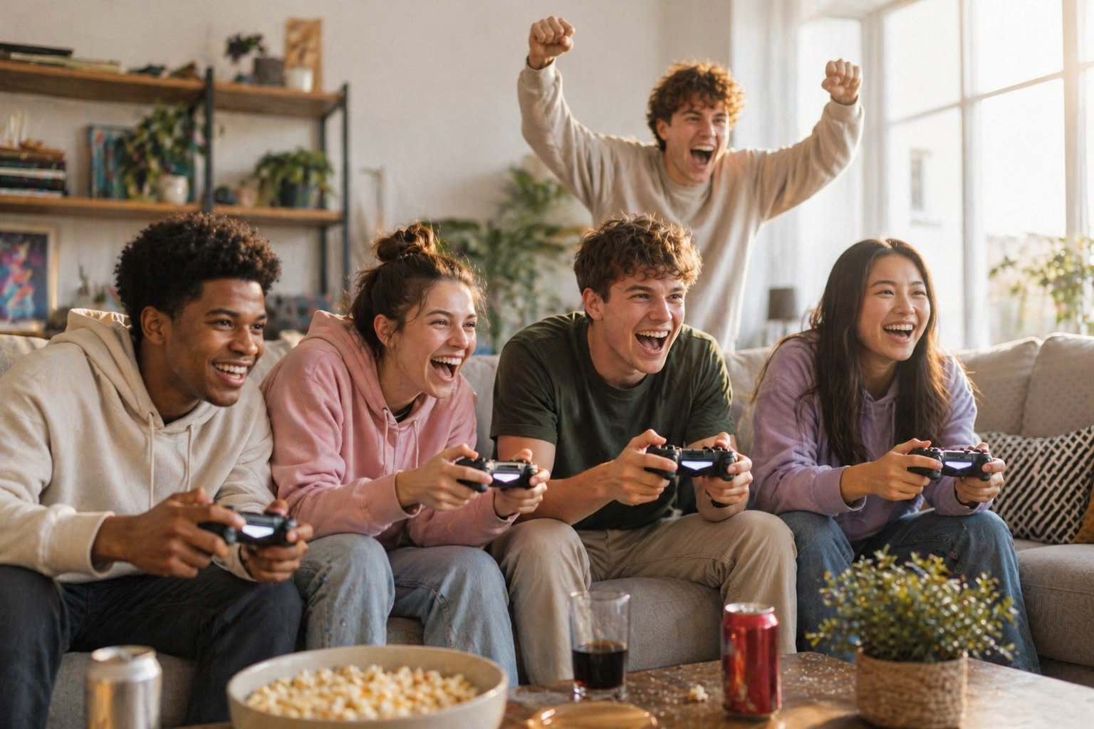Friends celebrating a win while gaming together