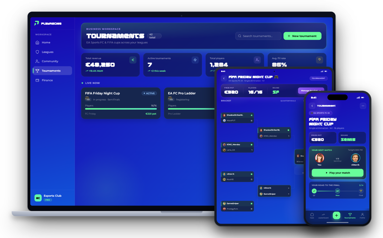 PlayAsOne tournament software on laptop, tablet and phone